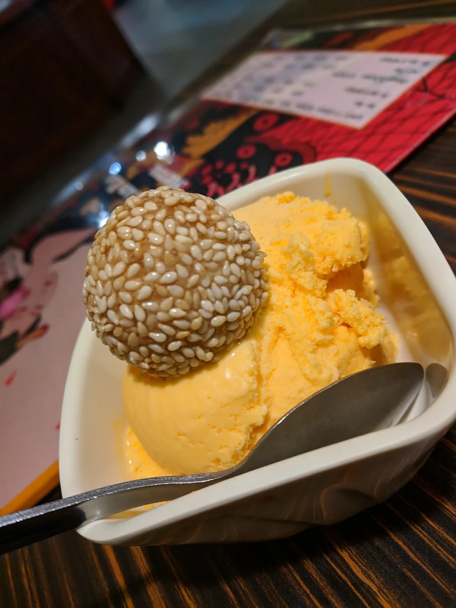 Sesame Ball on Mango Ice Cream