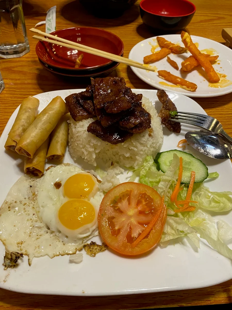 124 Rice with Grilled Pork Spring Rolls and Fried Egg