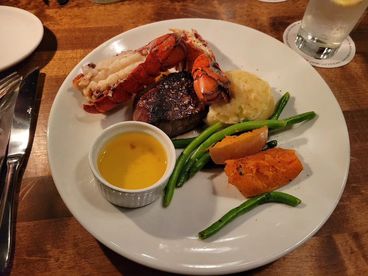 Steak and Lobster Tail with Garlic Shrimp and Mashed Potatoes and Veg