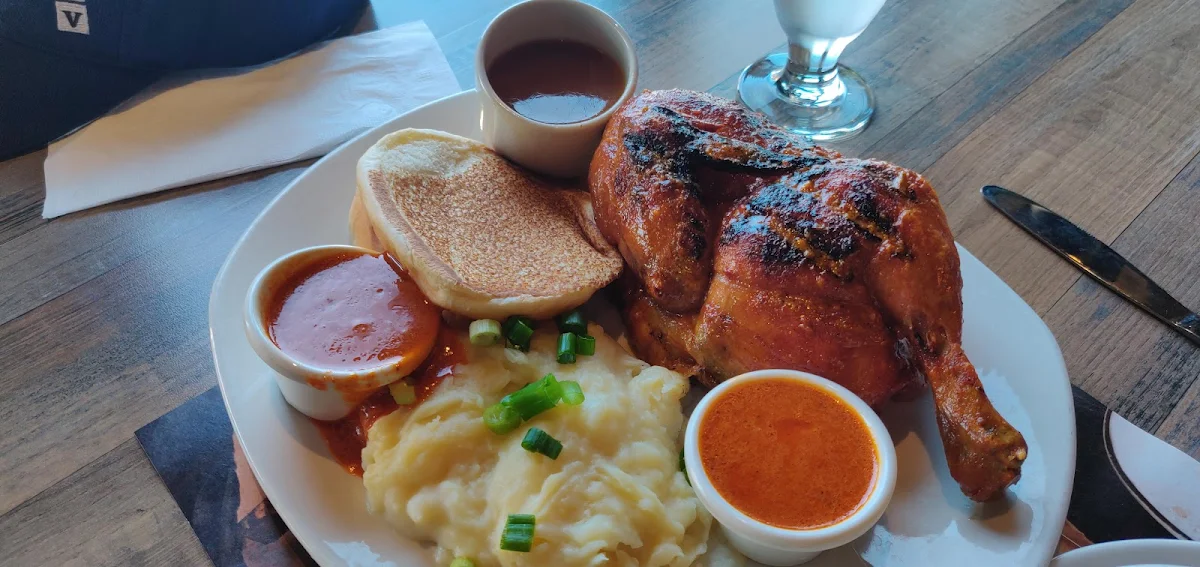 Hapf Chicken with Mashed Potatoes and Gravy Coleslaw and Peri Peri Sauce