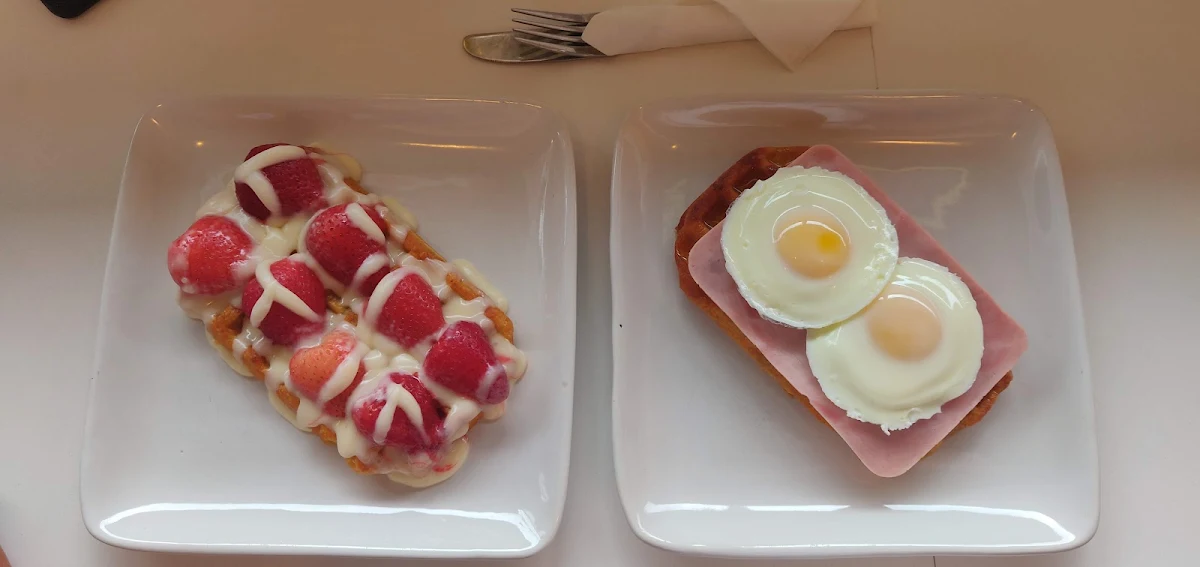 Cinnamon Bun Strawberry Waffle and Maple Ham Traditional Breakfast