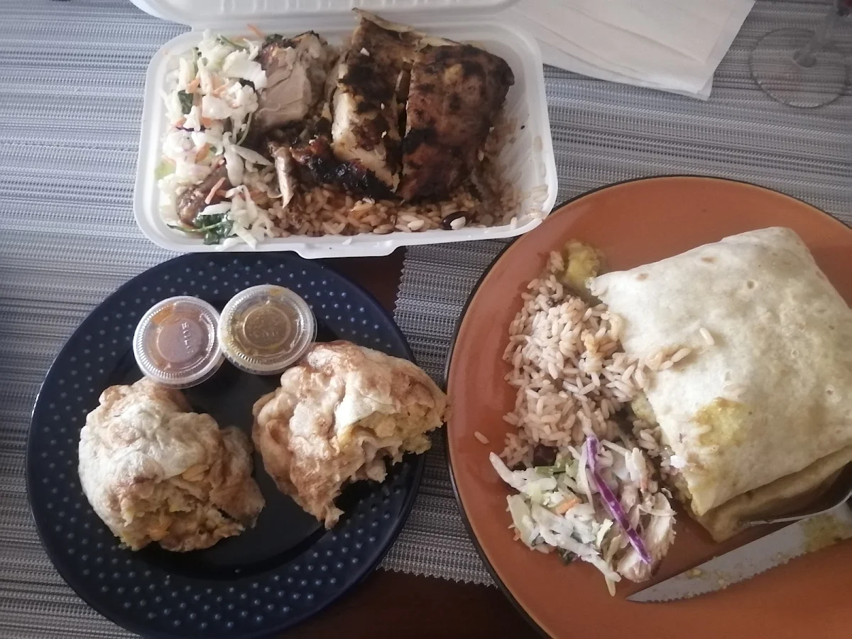 Chicken Roti and Jerk Chicken and Doubles