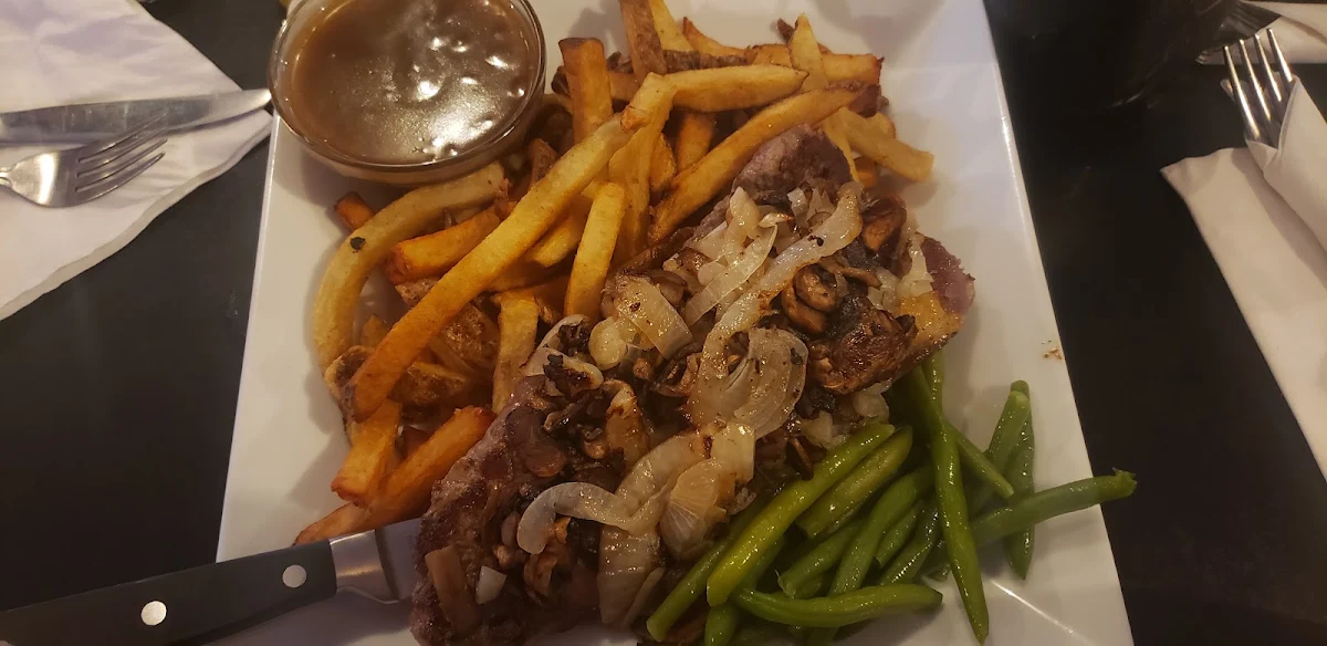 Steak with Mushrooms & Onions Side of Fries and Green Beans