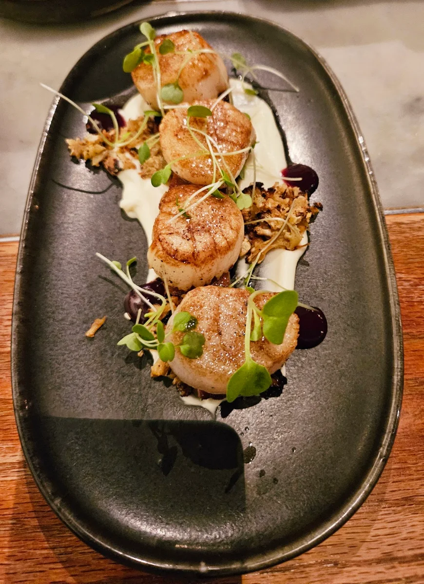 Diver Scallops with House Smoked Pork Belly Corn Puree & Topped with Fresh Tomato Salsa