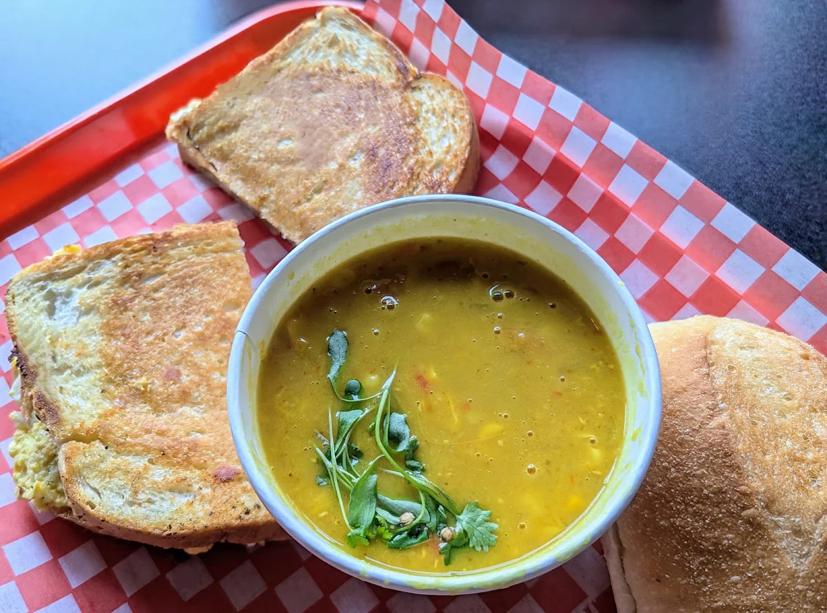 Coconut Curry Corn Chowder with Cilantro and Egg Salad Grilled Cheese