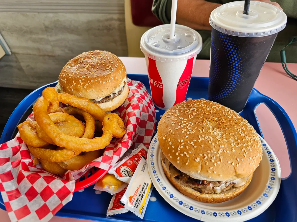 Mozza Burger Mushroom Swiss and Bacon Burger with Onion Rings