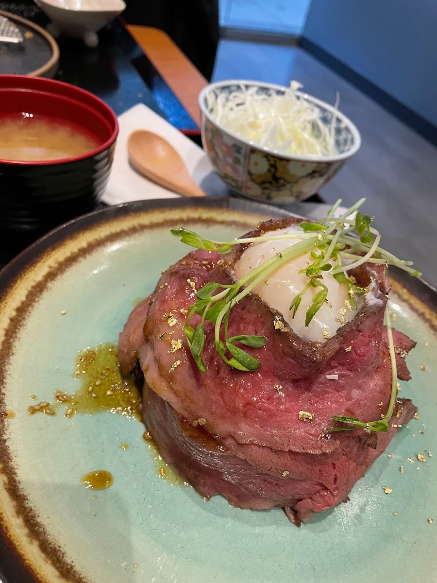 Wagyu Don with Miso Soup & Salad and Hot Spring Egg