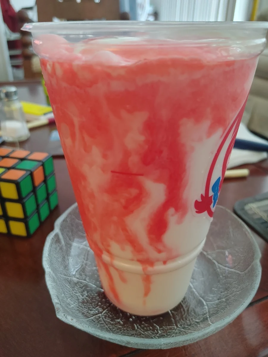 Vanilla Frosty with a Little Hershey's Strawberry Syrup Added from Home
