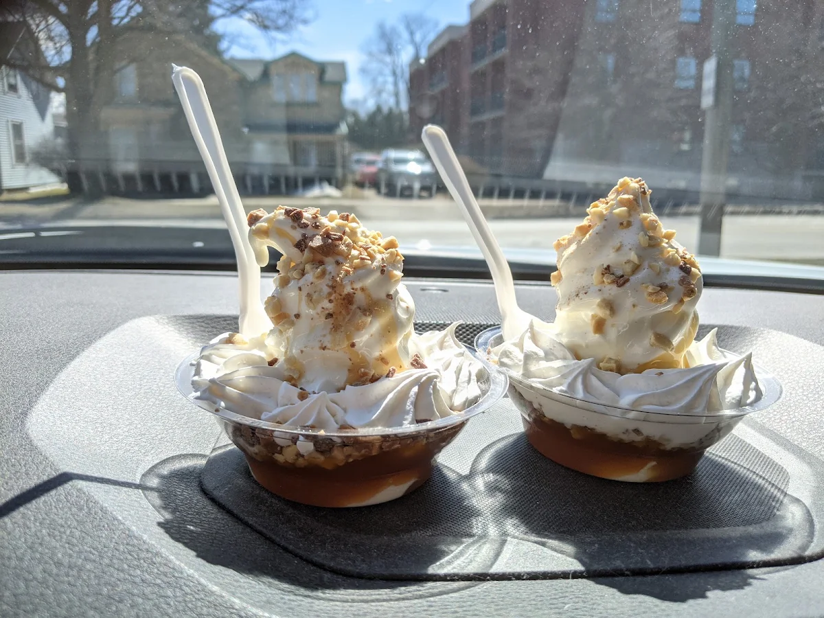 Hot Caramel Sundaes with Whipped Cream Skor Bits and Nuts