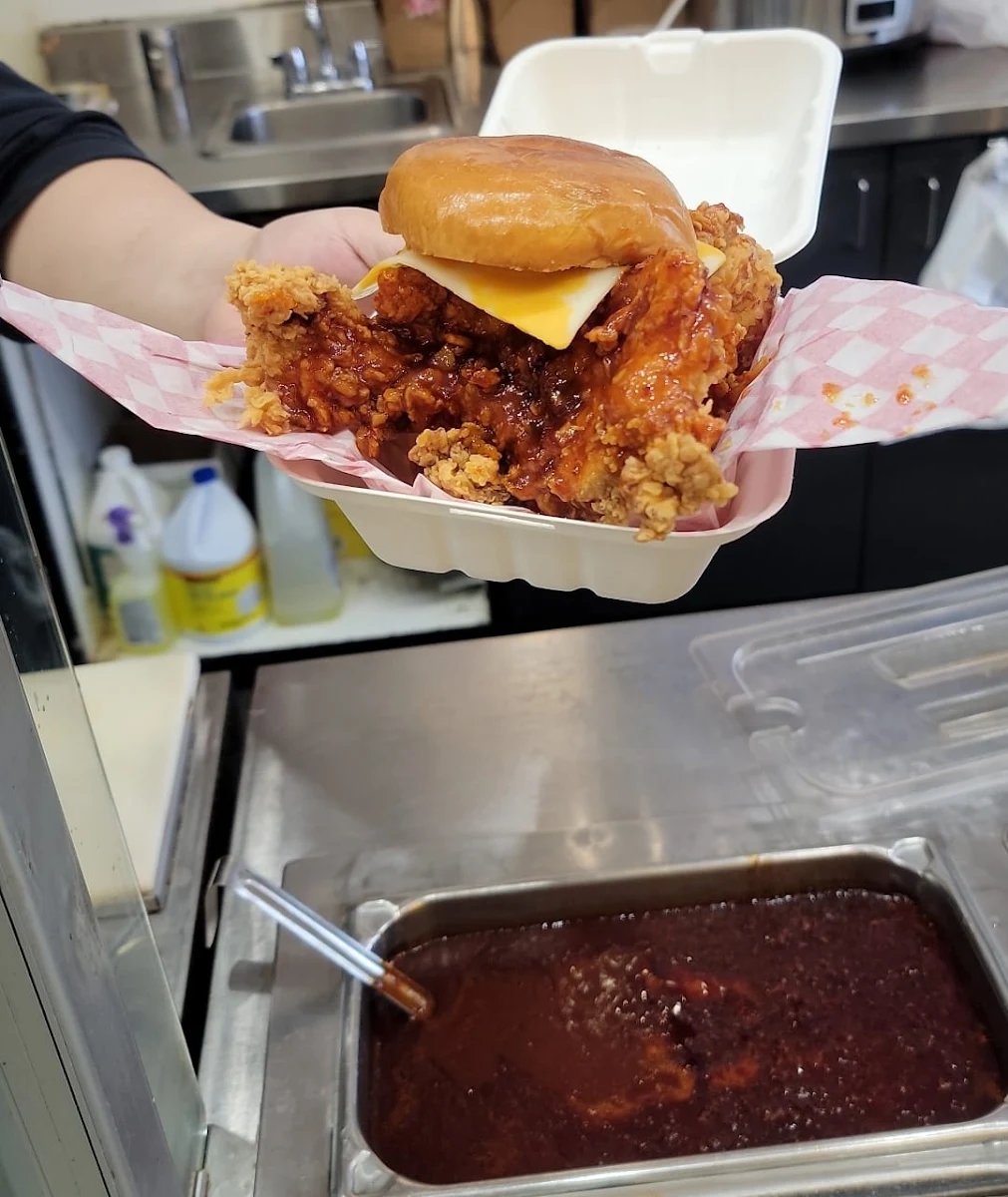 Sweet and Spicy Fried Chicken Sandwich with Cheese & Kimchi