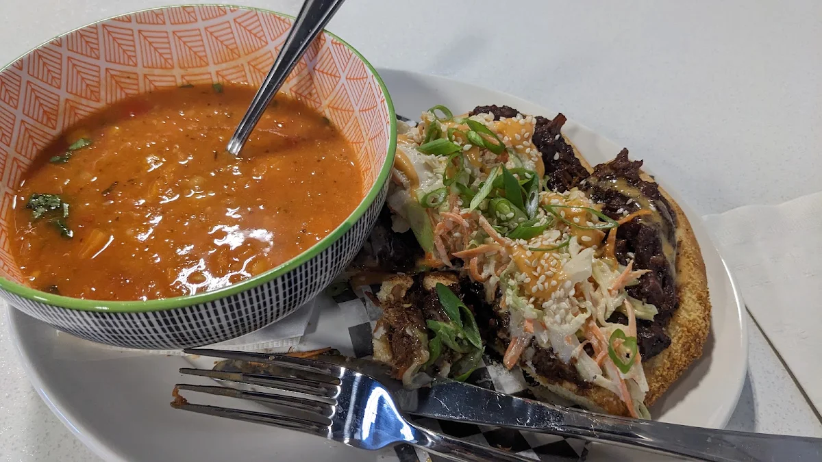 Korean Pulled Pork Sandwich and Side of Vegetable Lentil Soup