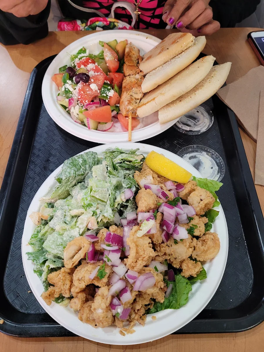 Chicken Souvlaki and Greek Salad Calamari and Ceaser Salad