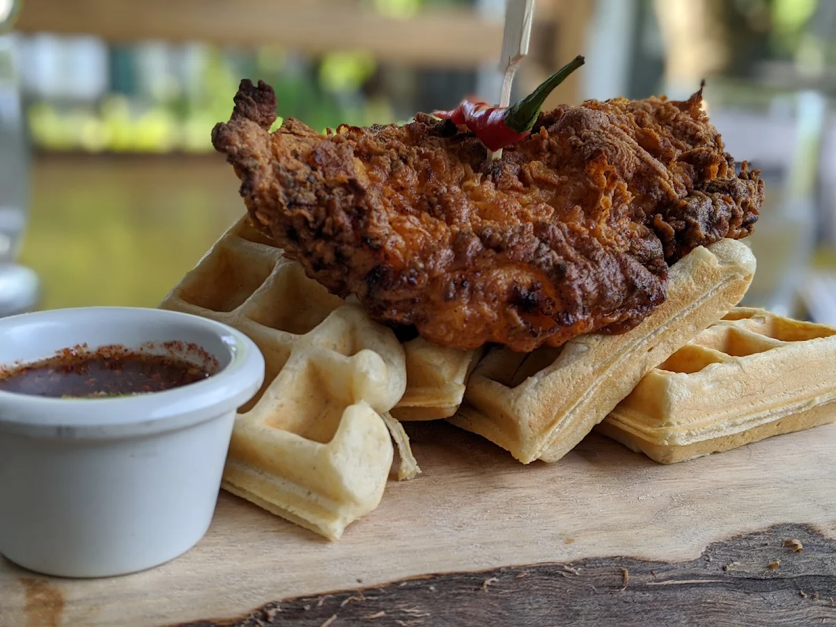 Chicken and Waffles with Chili-Maple Sauce