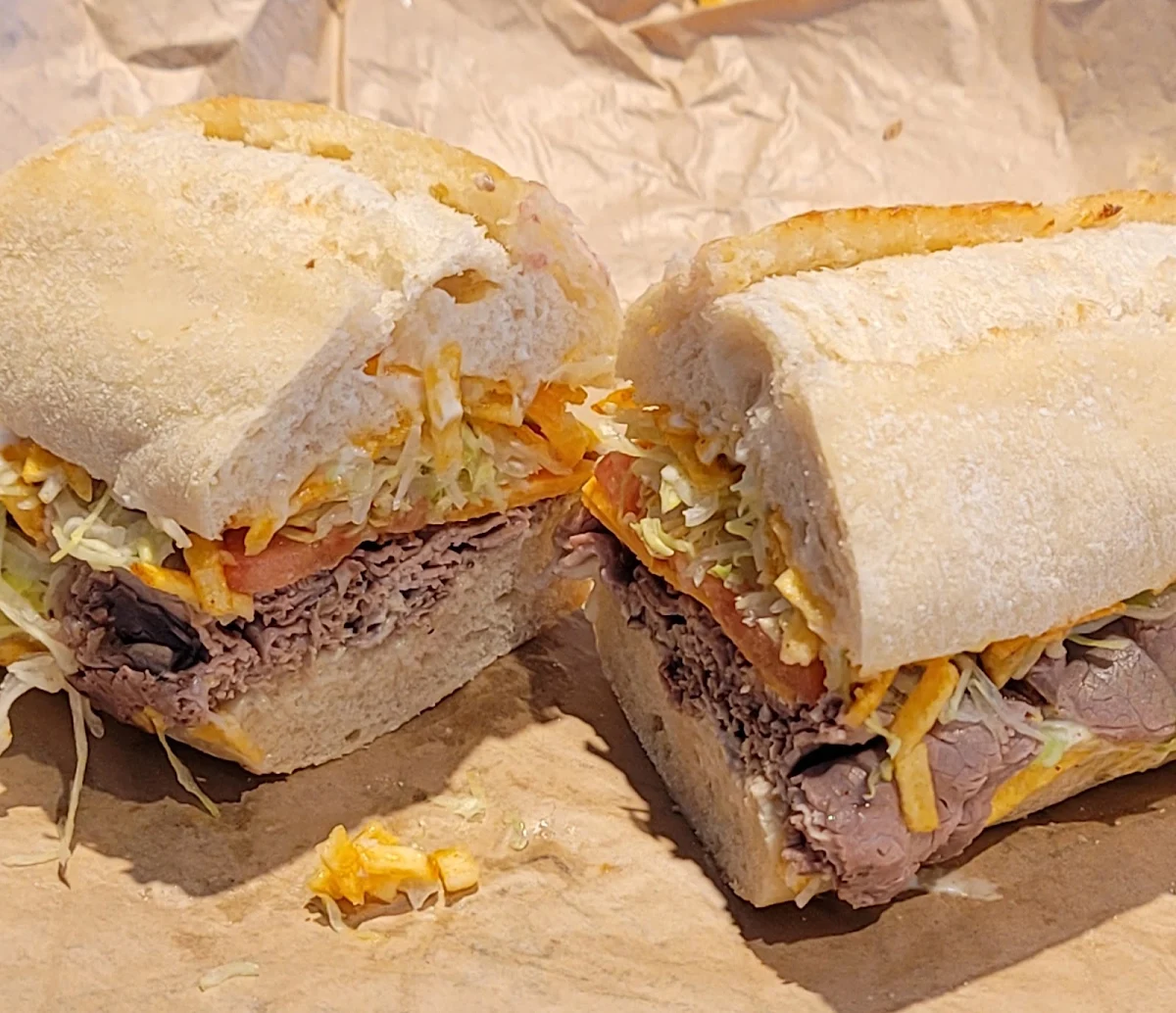 The Number 04 Roast Beef Bacon Cheddar Hickory Sticks Lettuce Tomato Mayo and Deli Mustard