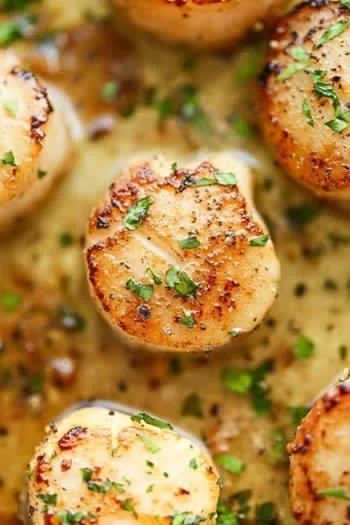 Pan Fried Scallops with Bacon Parsnip and Pear Puree Beet Droplets and a Crunchy Apple Salad G F