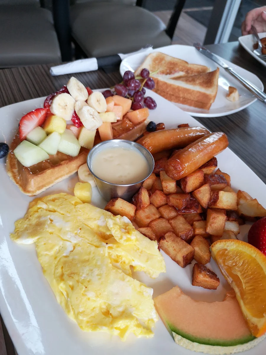 Waffle with Fruit and Scrambled Eggs