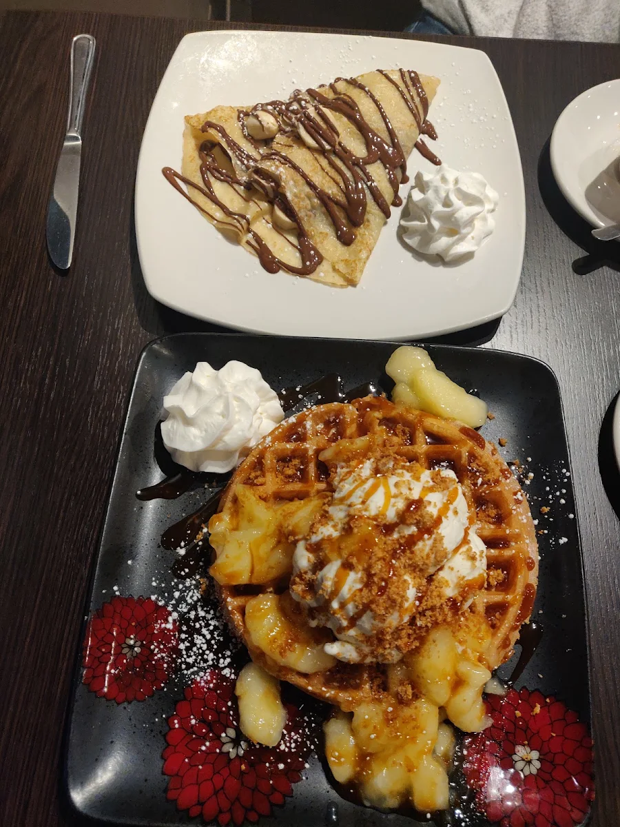 Apple Pie Waffle and Banana Nutella Crepe
