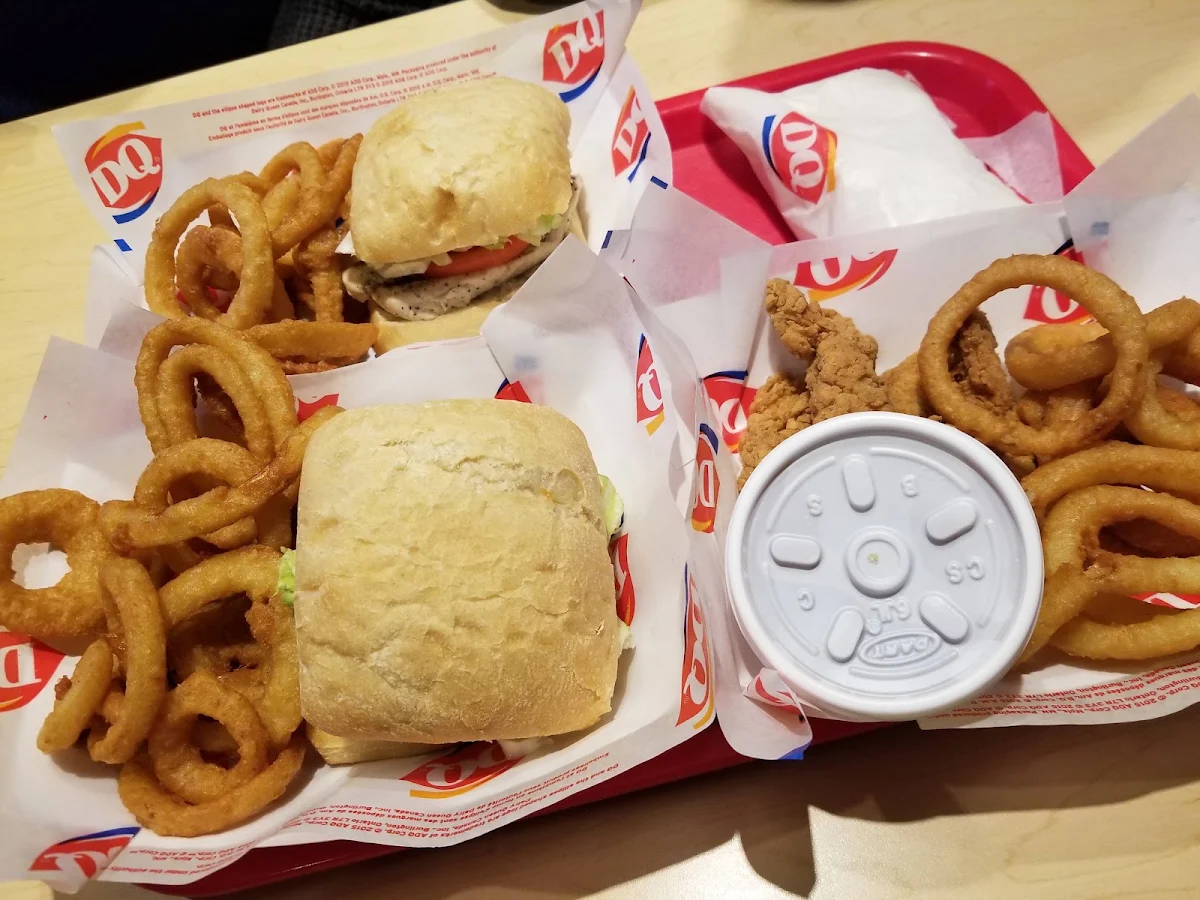 Chicken Burger with Onion Rings and Soda Pop