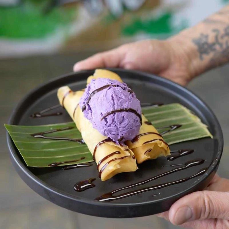 Fried Banana Rolls with Ube Ice Cream