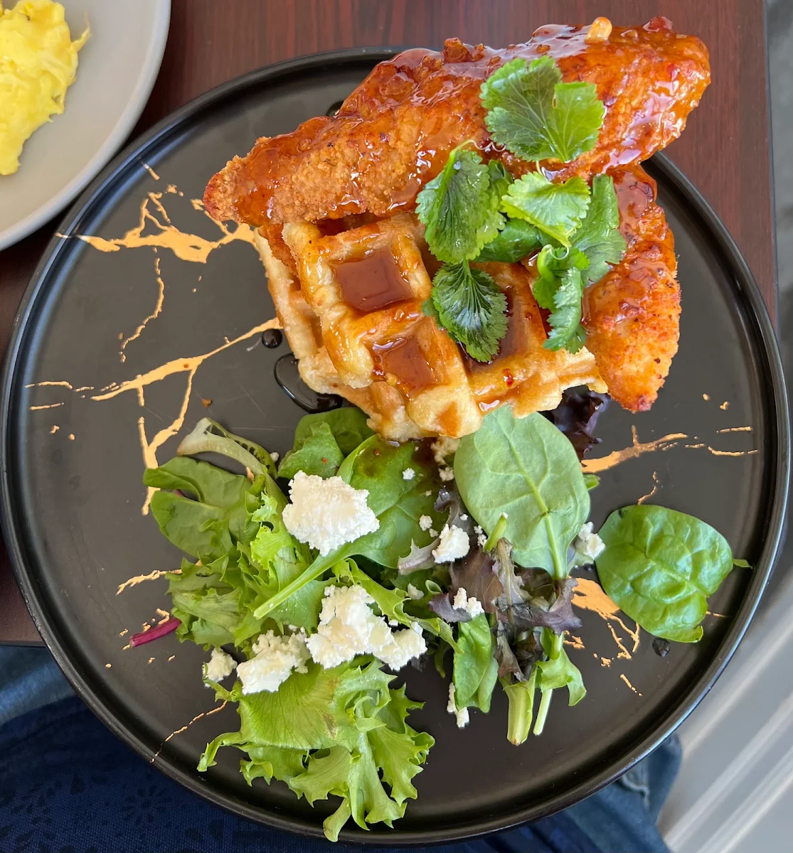 Tandoori Fried Chicken & Waffles with a Side of Salad