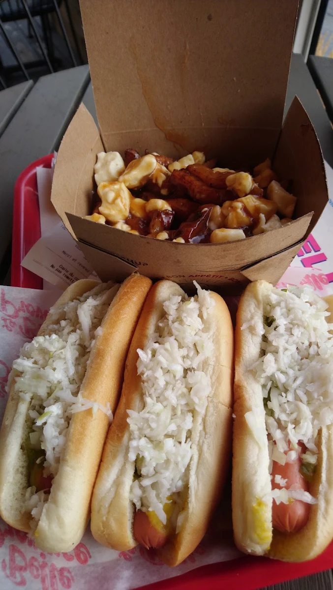 Three Steamed Hotdogs and a Classic Poutine