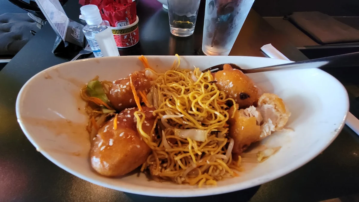 Chicken Chow Mein Topped with Sweet-Sour Chicken Balls