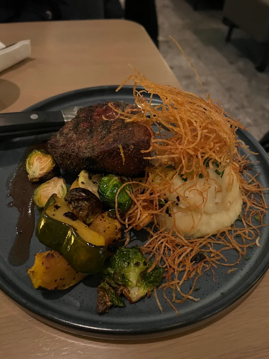 12oz Striploin Crispy Salmon Press