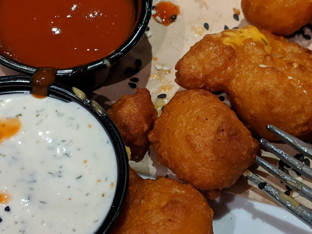 Deep Fried Cauliflower Bites with Garlic Ranch and Buffalo Sauces