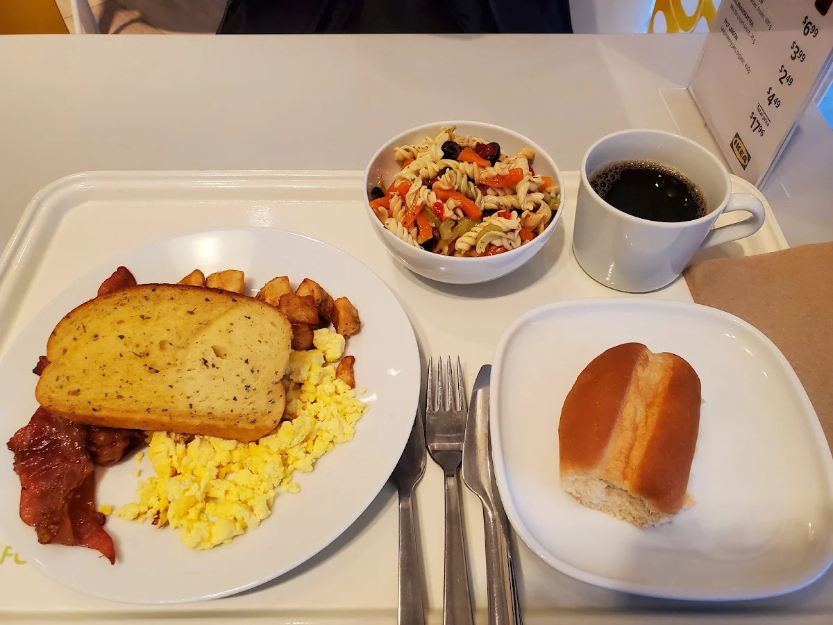 Traditional Breakfast Bacon Pasta Salad Dinner Roll & Black Coffee Dark Roast
