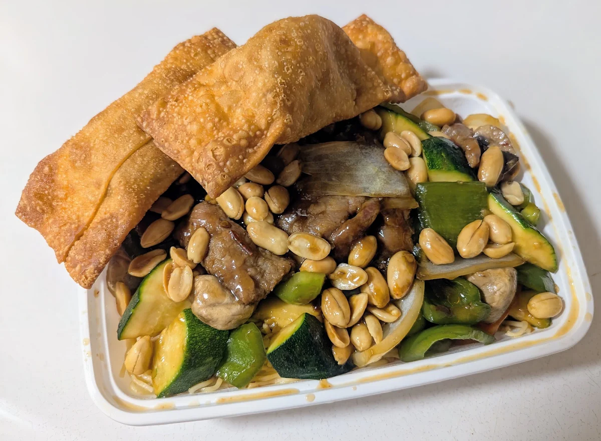 Kung Pao Beef with Peanuts and Soft Noodles and Egg Rolls