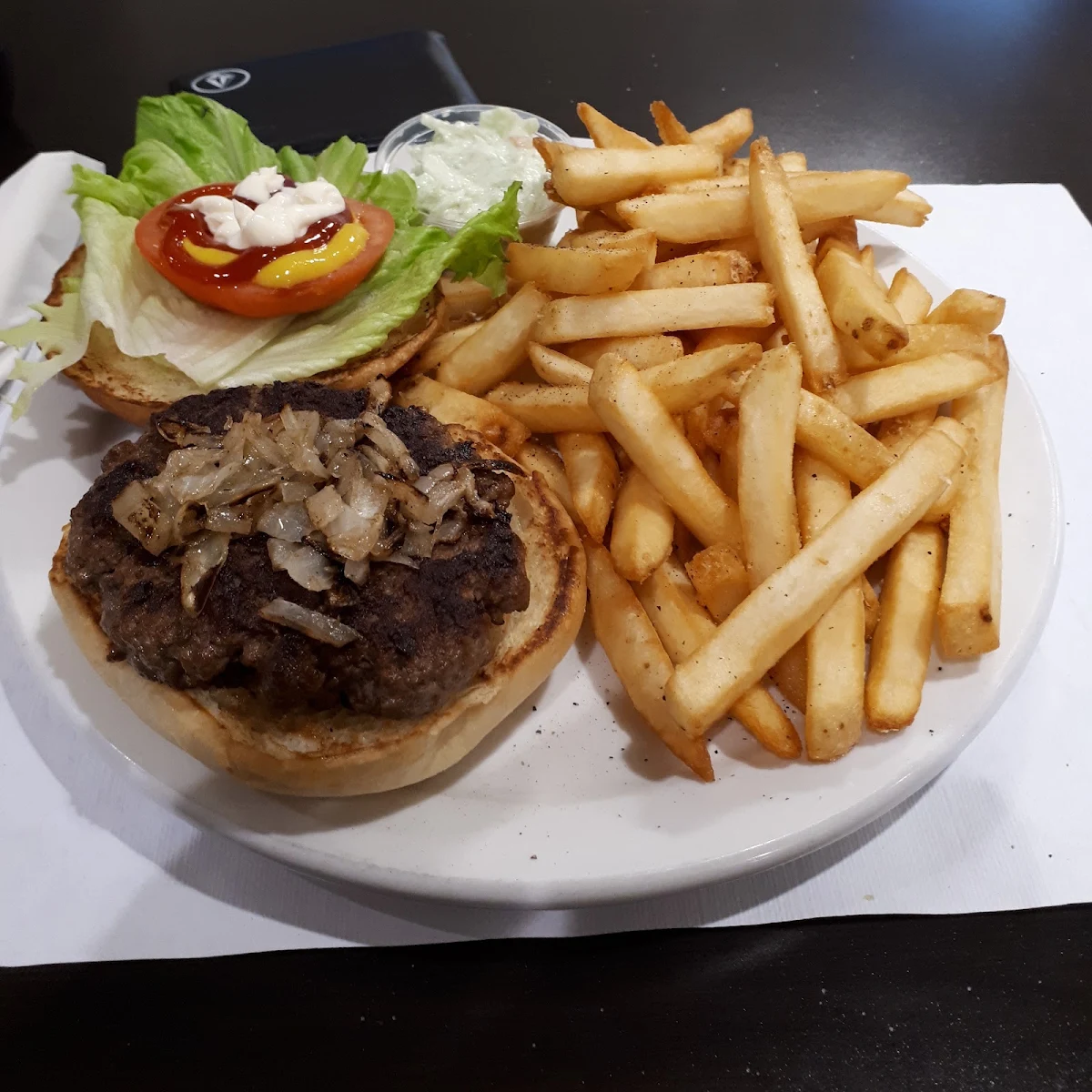 Swiss Mushroom Bacon Burger with Fries