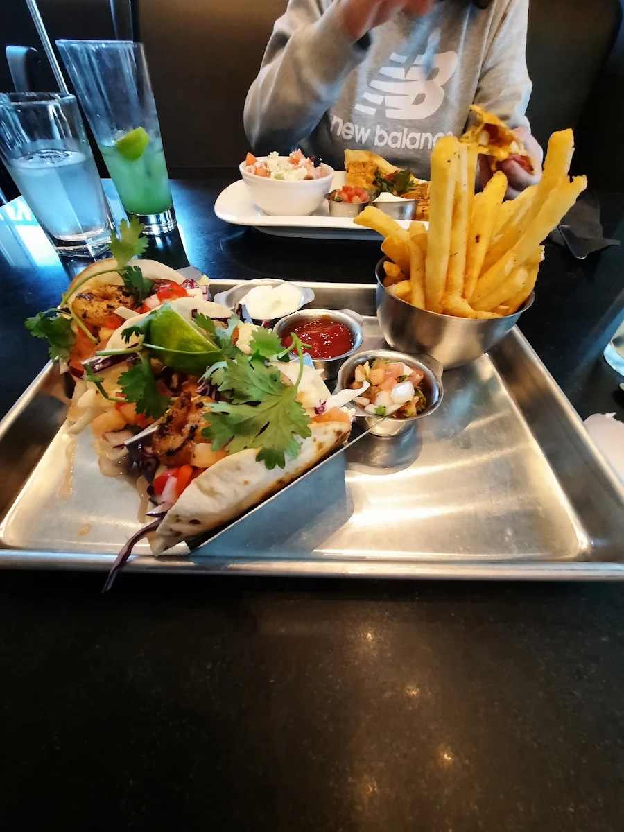 Shrimp Tacos with Mango Sauce and French Fries
