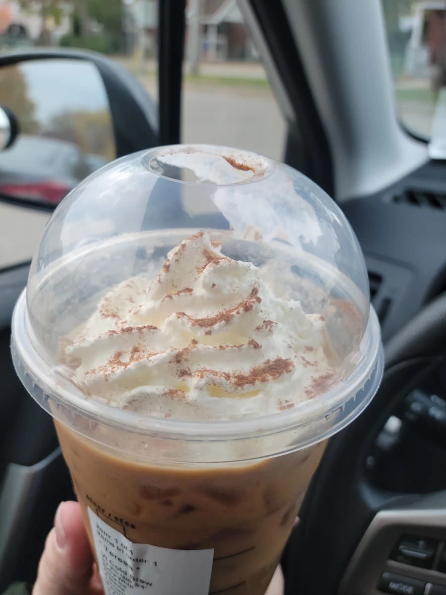 Venti Cold Brew Iced Coffee with SF Vanilla Cinnamon Dolce Stevie Light Whip and Powder Cinnamon