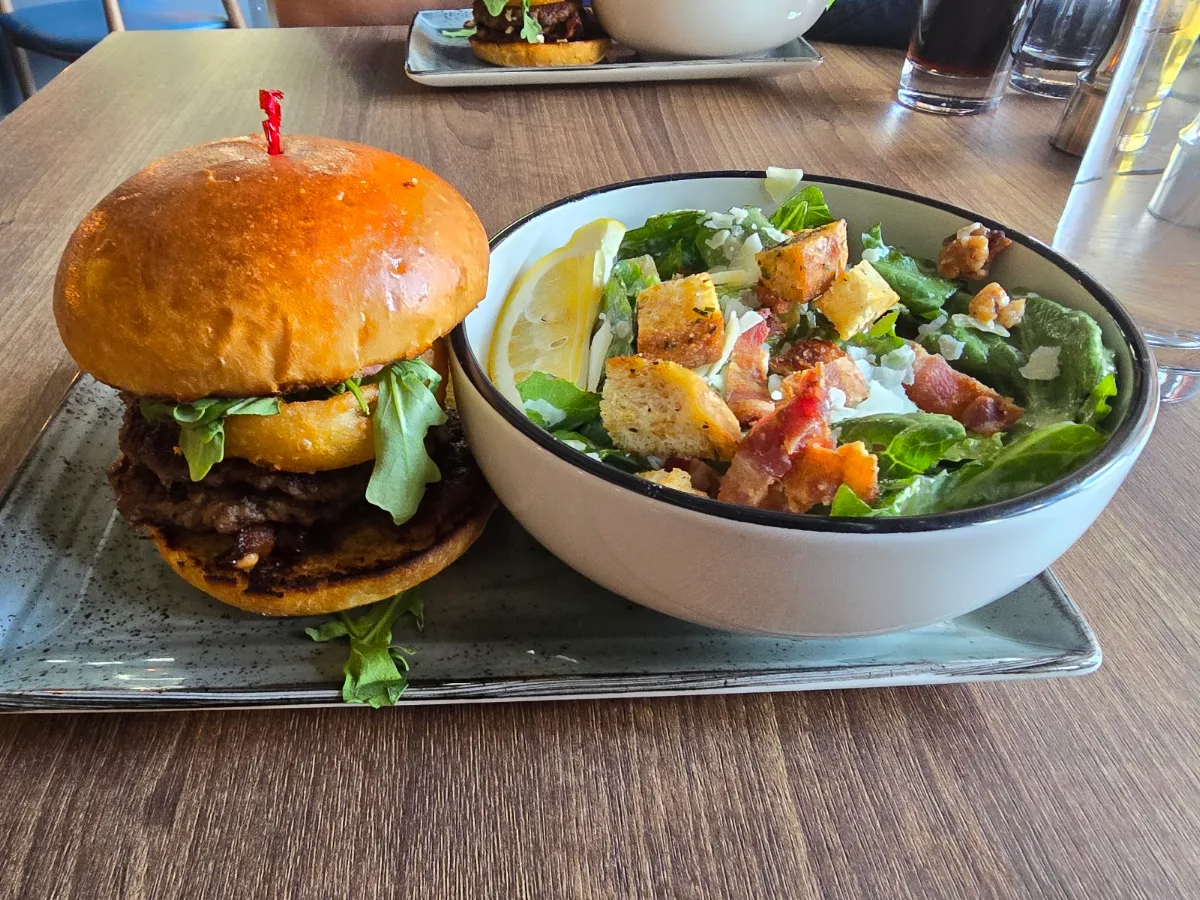 Caesar Salad with Sweet Heat Goat Cheese Burger