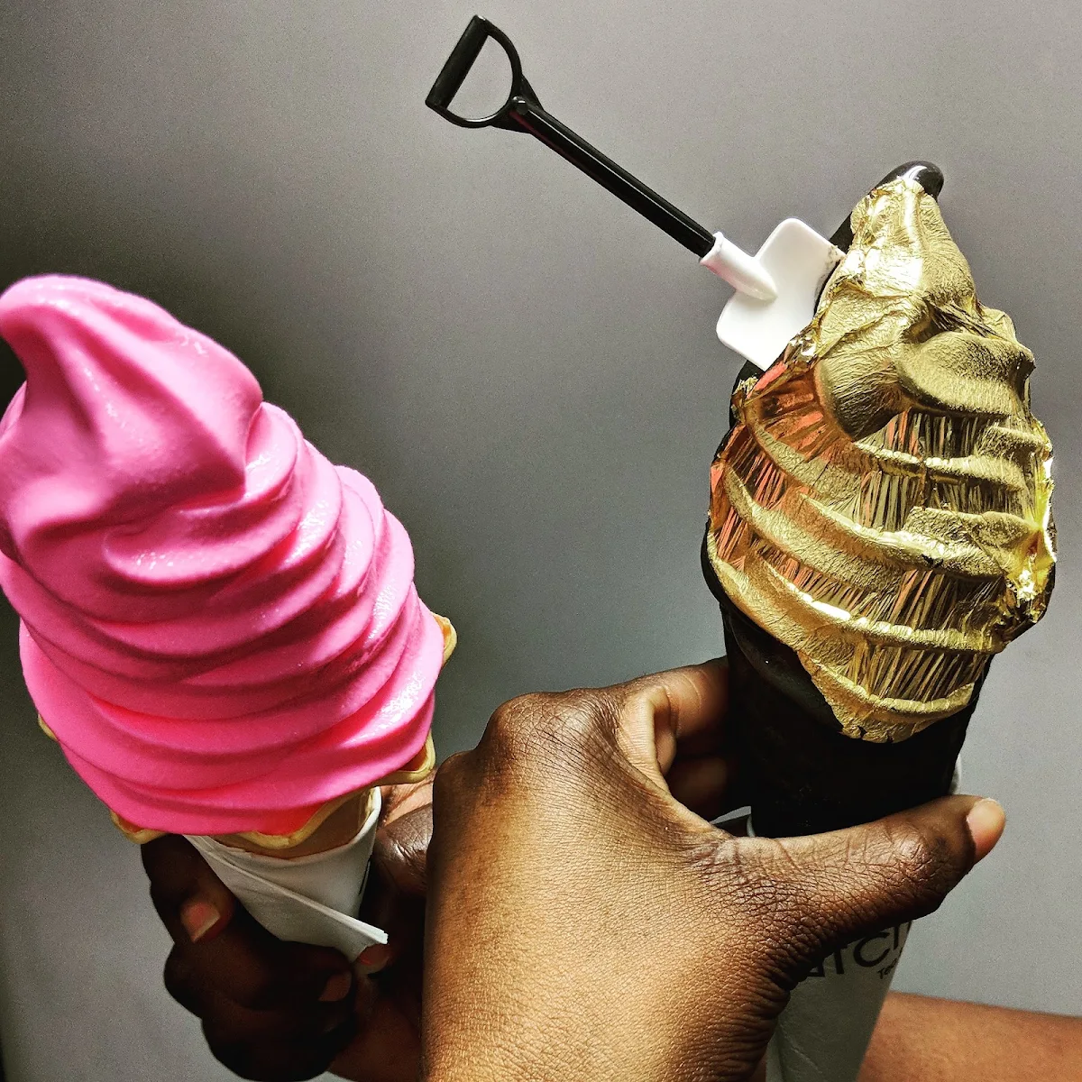 Marshmallow Ice Cream Cone Charcoal Softserve and Cone Covered in Gold Leaf