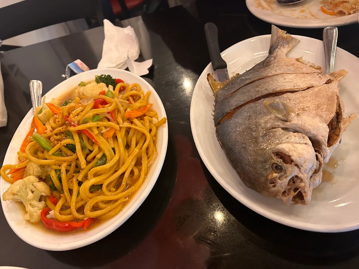 Shanghai Noodles and Fried Pompano Sweet and Sour Sauce on the Side