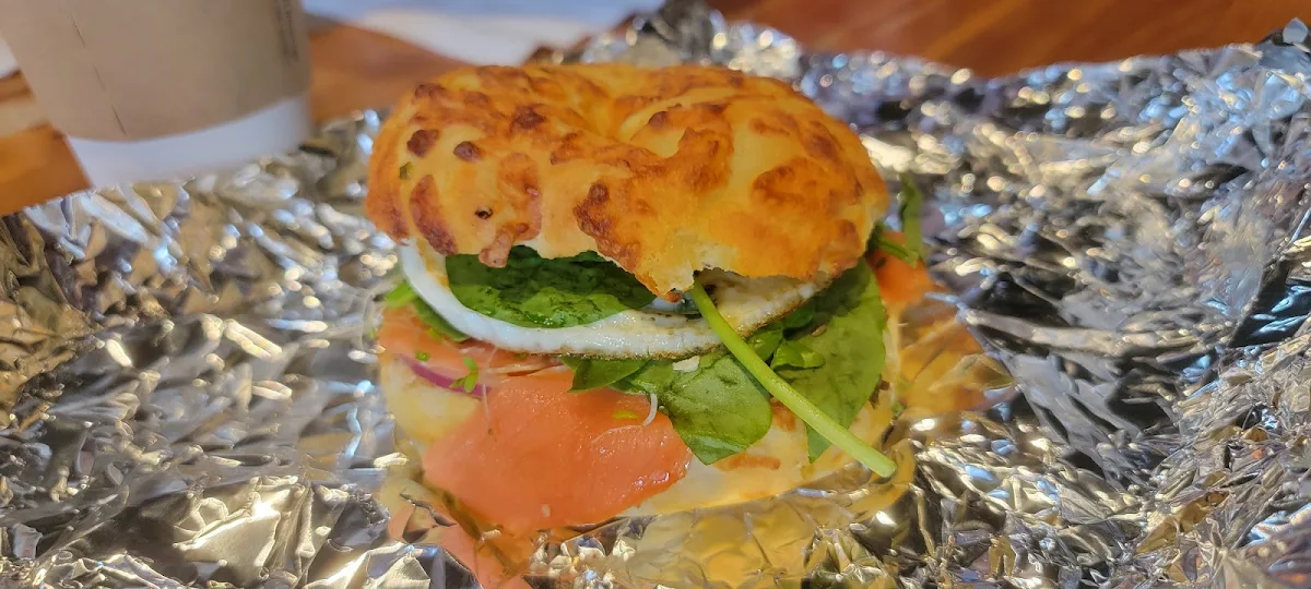 Switchback Salmon Bagel with a Fried Egg on White Jalapeno Cheese Bagela