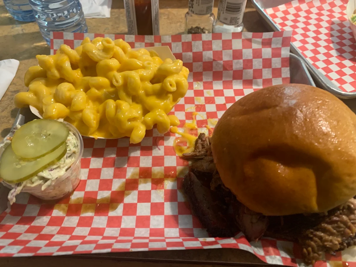 Brisket Sandwich Macaroni and Cheese and Coleslaw