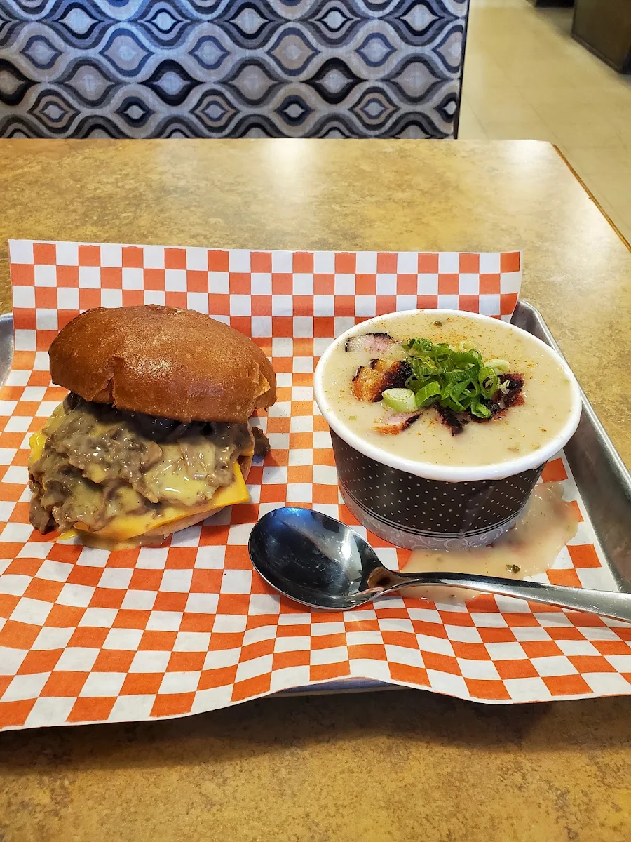 Roast Beef and Cheese Sandwich with Bacon Potato Soup