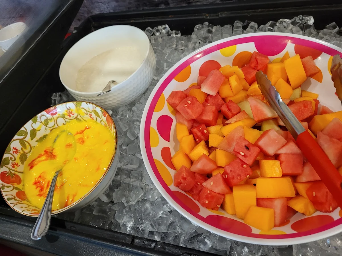 Fruit Salad Mango Custard and Rice Pudding