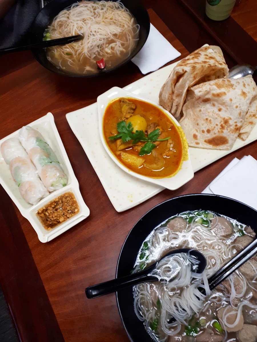Chicken Curry with Roti Fresh Shrimp Rolls House Noodles Beef and Meatballs with Noodles