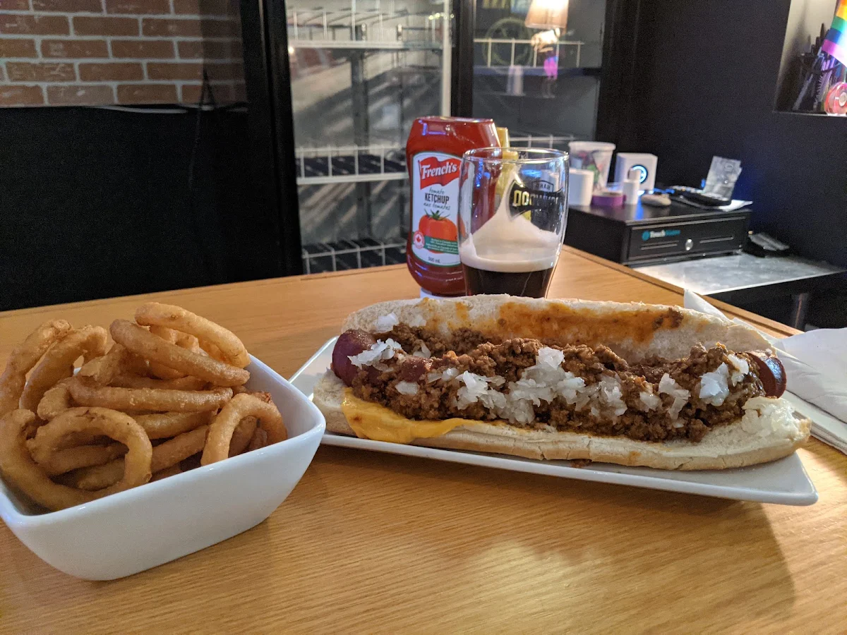 Coney Hot Dog with Onion Rings N Guinness Beer