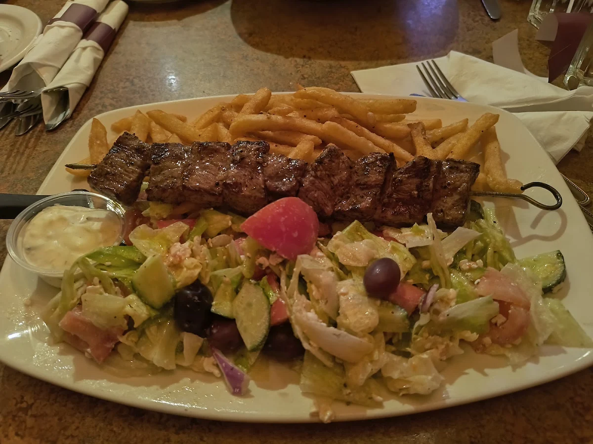 Beek Souvlaki with Fries and Greek Salad
