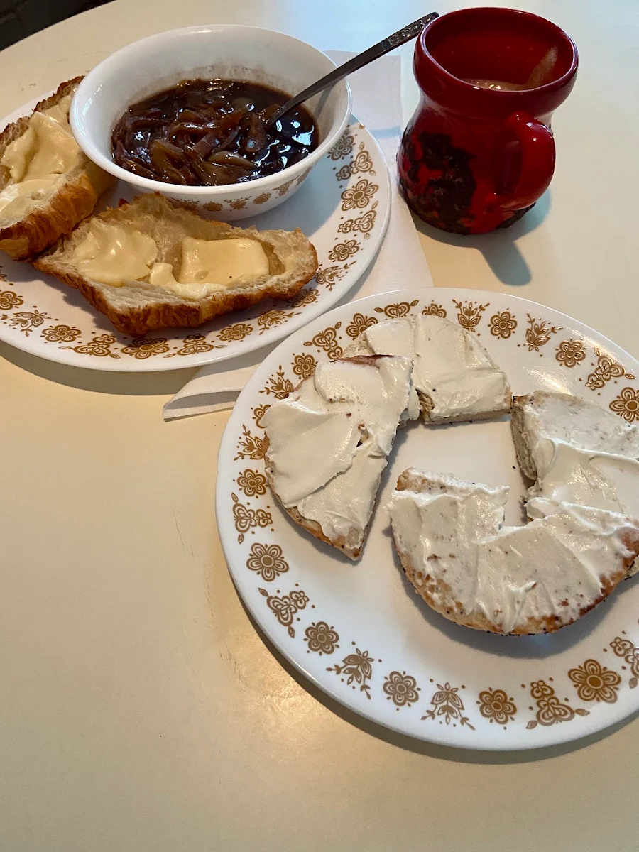 French Onion Soup with Cheese Croissant and Bagel with Cream Cheese