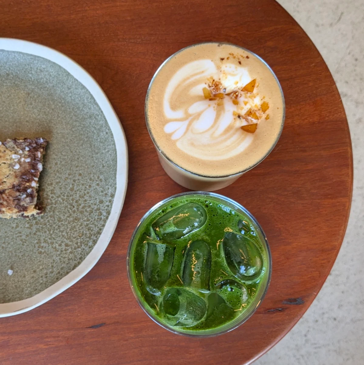 Iced Pistachio Matcha Latte and Caramel Latte