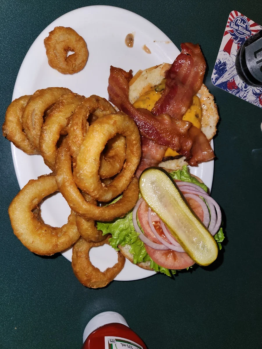 Iron Horse Burger with Bacon and Onion Rings