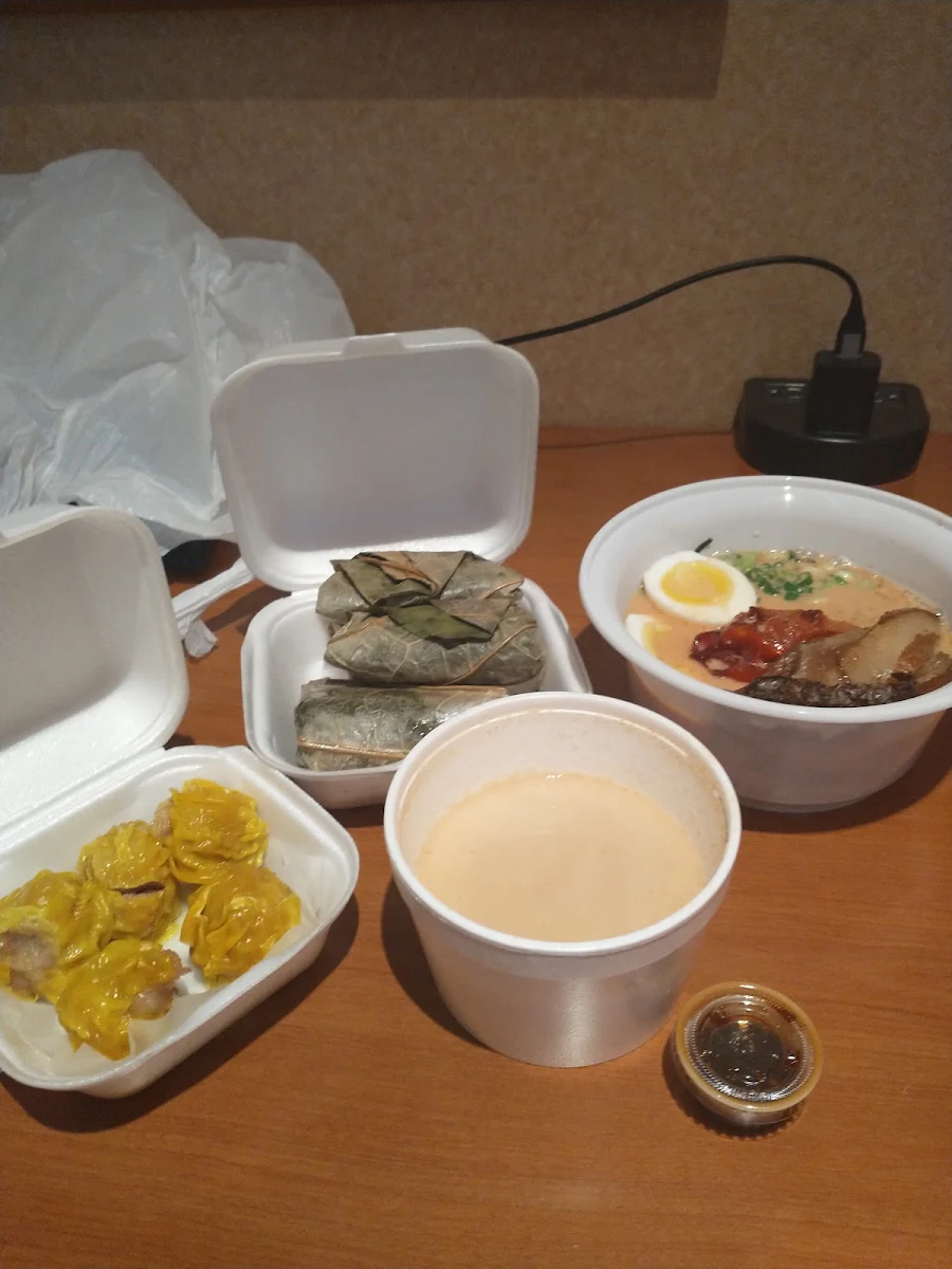 Spicy Raman with Meso Broth Pork Dumplings and Sticky Rice