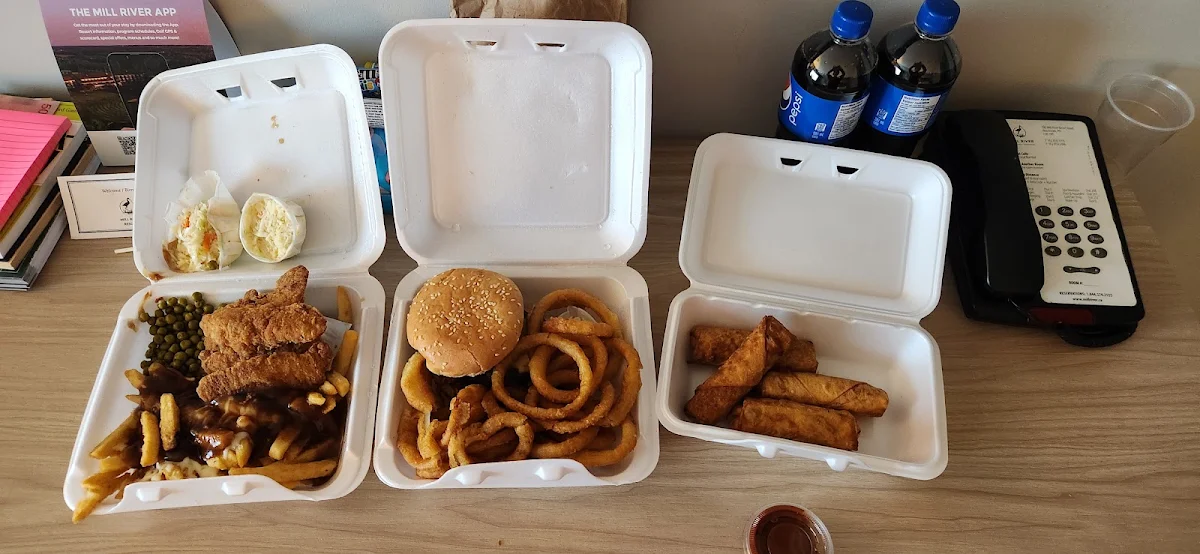 Chicken Fingers with Pouting Cheeseburger Combo with Onion Rings and Pizza Rolls