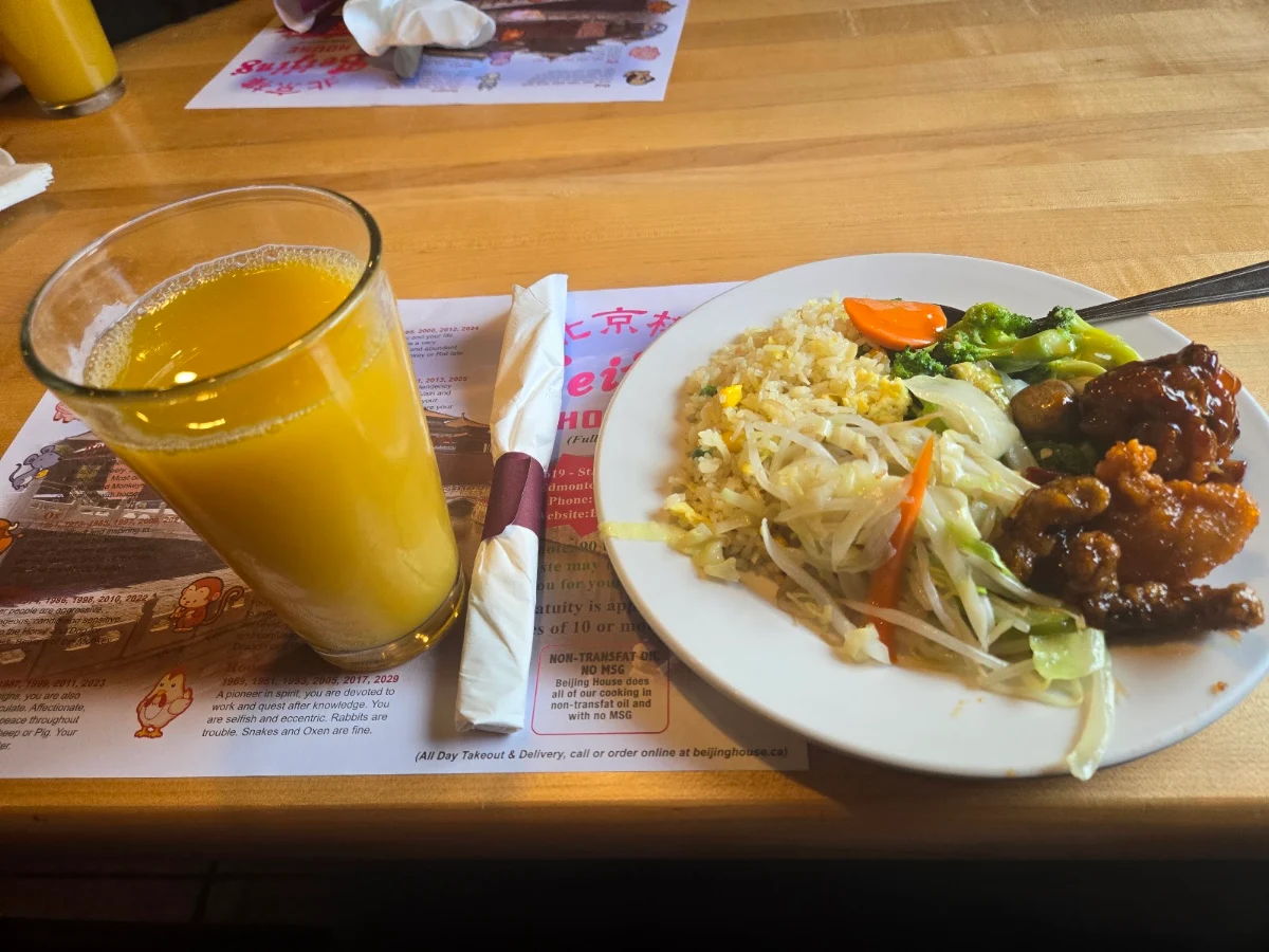Chinese Fried Rice and Honey Glazed Chicken with Pineapple Juice
