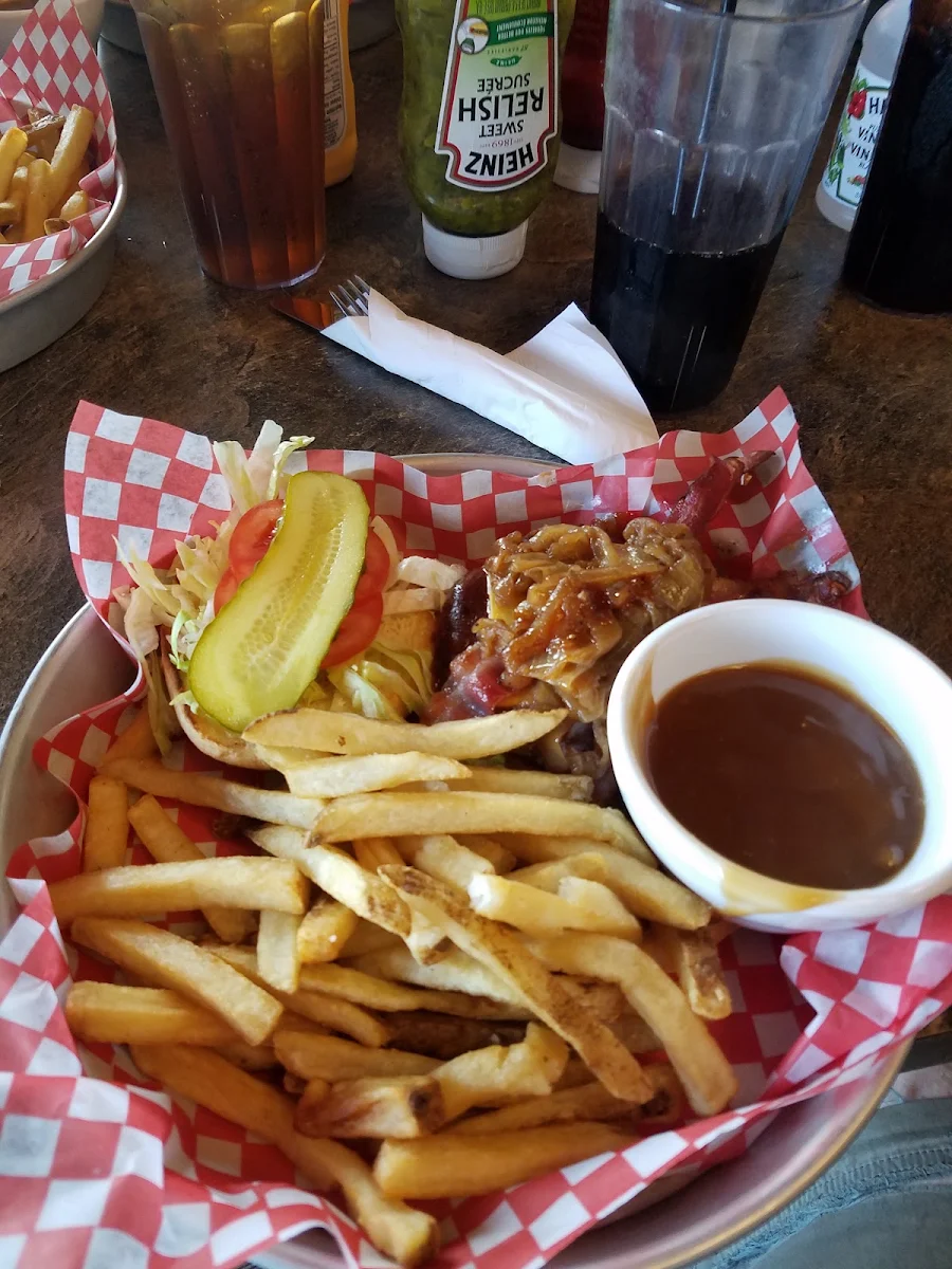 Mushroom Swiss Burger and Fries with Cheese Crisp